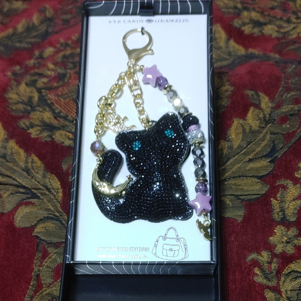 NIB Eye Candy Halloween Black and Gold Cat Moon Ghost Key Charm Bag Accessory